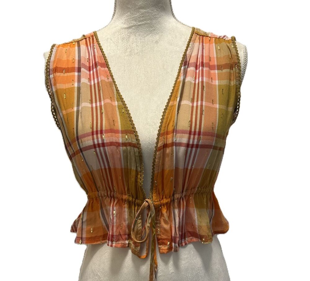 NWT Aerie Sleeveless Metallic Plaid Deep V Neck Peplum Top Sunset Colors – Small